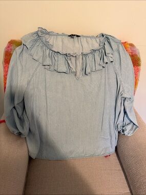 Brand New Ralph Lauren Light Blue Ruffle-Trim Blouse